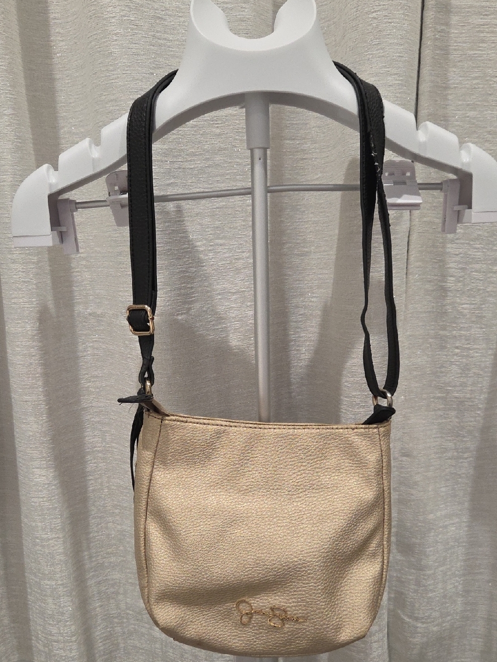 Jessica Simpson Beige/Gold Pebbled Crossbody with Black Adjustable Strap